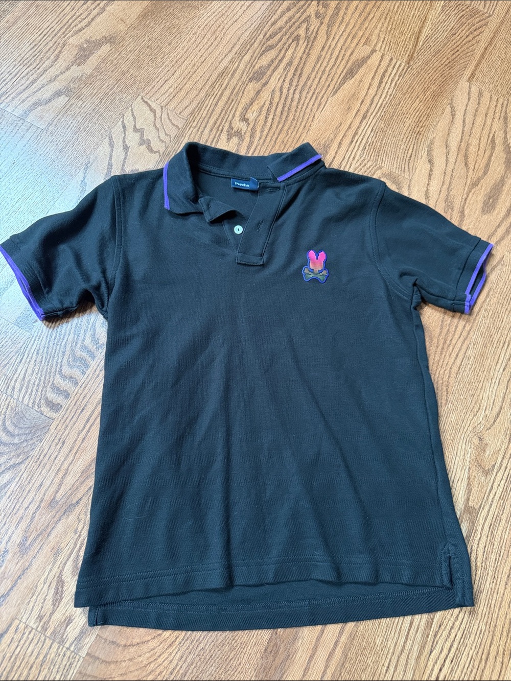 Psycho Bunny Kids Black Polo Shirt with Purple Trim and Embroidered Bunny Size L